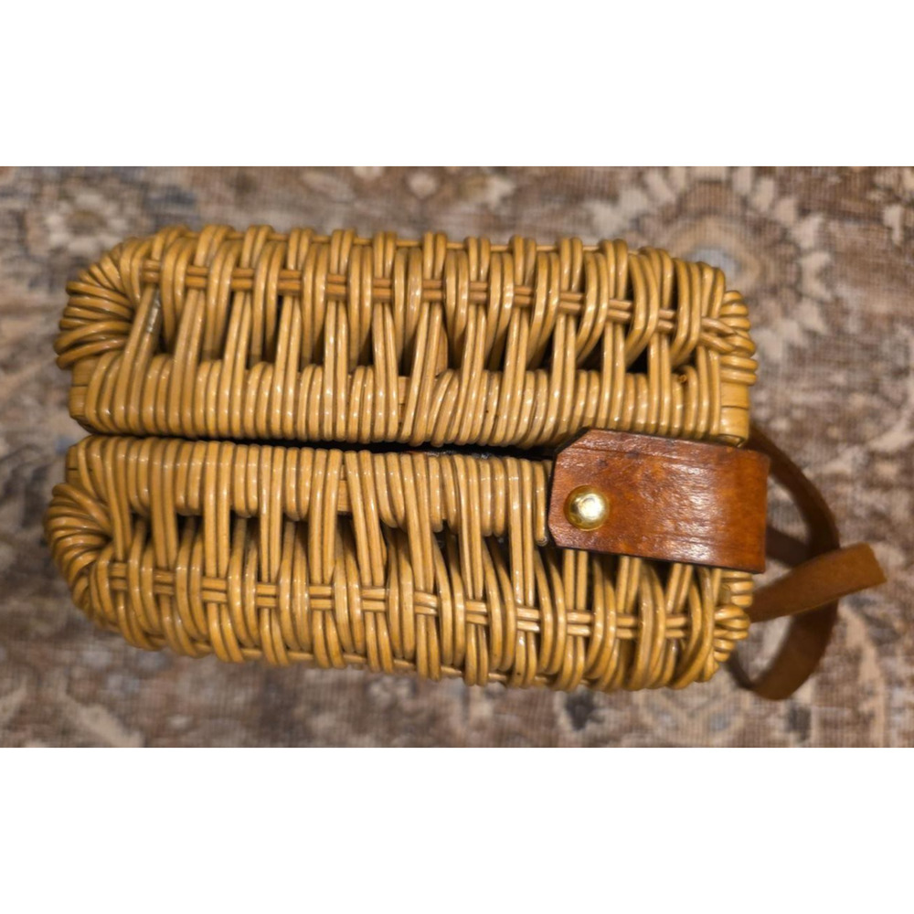 Hong Kong Coated Wicker Basket Purse Vtg 60s Mod Geometric Box Handbag MCM Retro - Picture 7 of 12